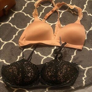 Aerie size 34C Black Lace Padded Bra & Tan cross strap no hook back bra